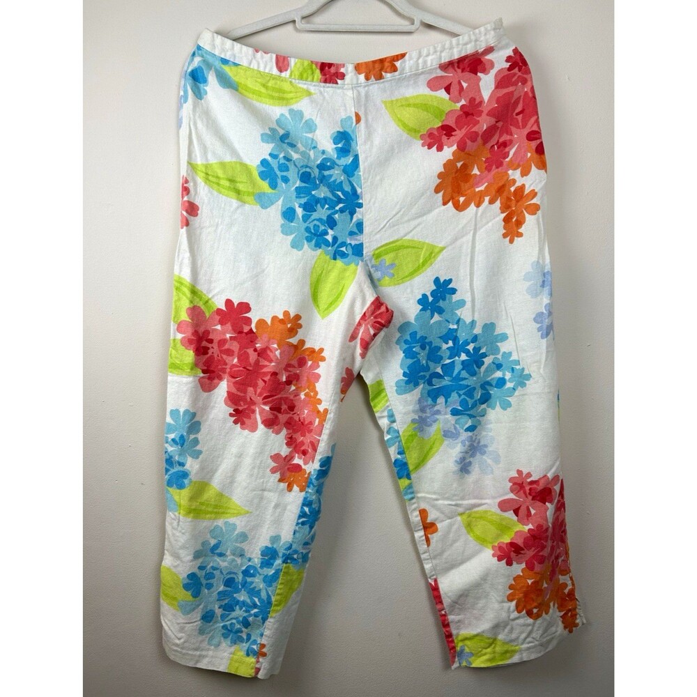 Vintage 90s Caroline Kendrick 12 White Bright Floral Linen Rayon Capri Pants 23"